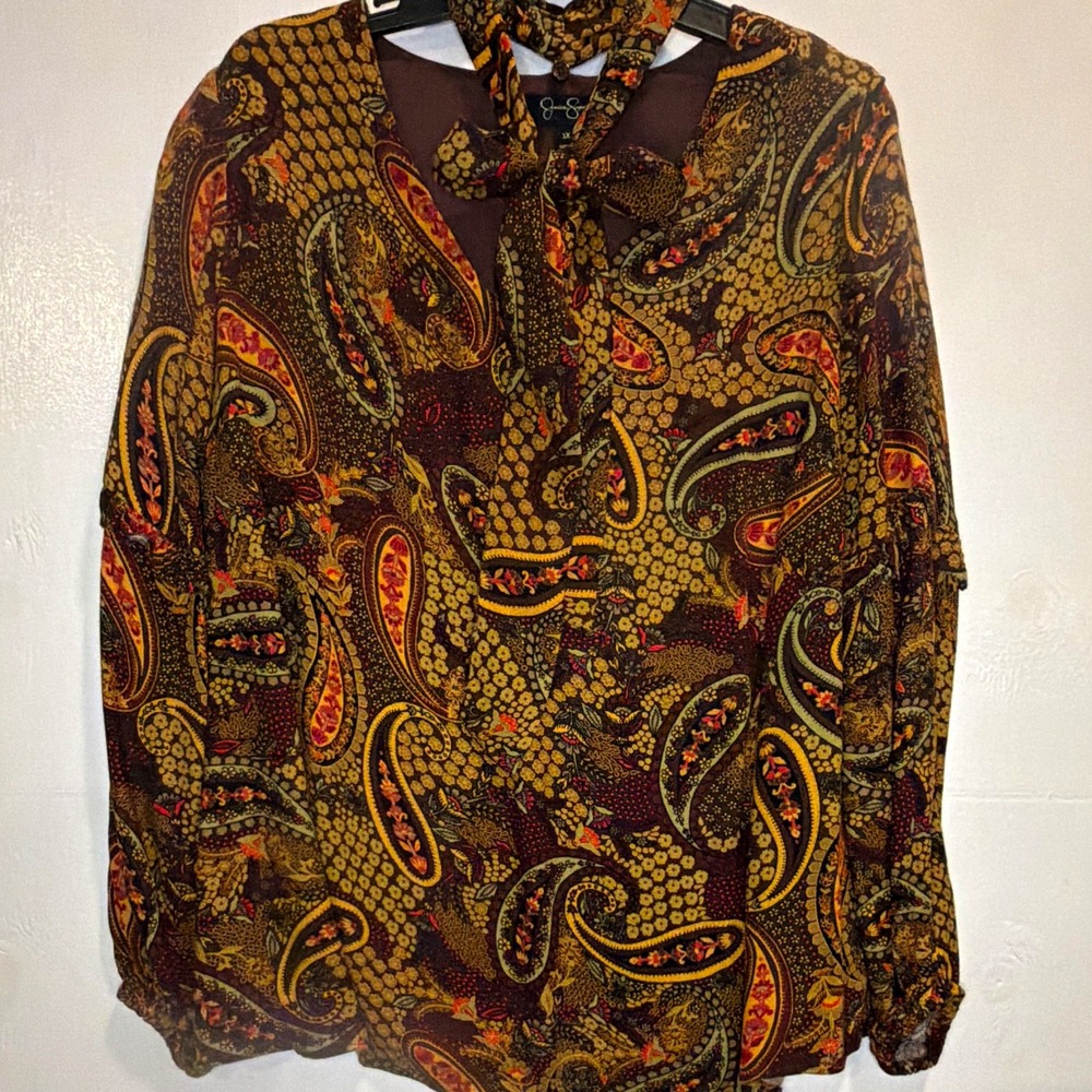 Jessica Simpson Brown Paisley 1X V-Neck Long Sleeve Tie Blouse